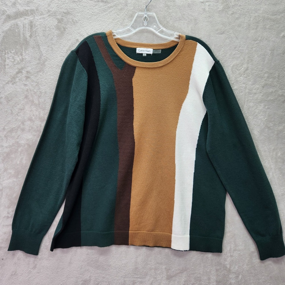Calvin Klein Womens 0X Plus Sweater Crewneck Pullover Colorblock Casual Knit New